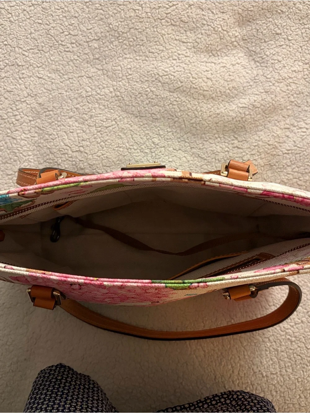 Dooney & Bourke Pink & Blue Hydrangea Logo Tote with Tan Trim